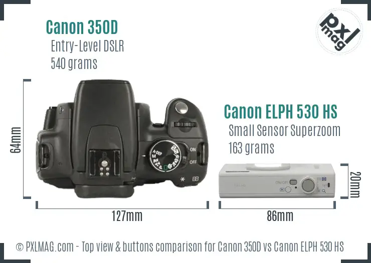 Canon 350D vs Canon ELPH 530 HS top view buttons comparison Canon 350D vs Canon ELPH 530 HS top view buttons comparison
