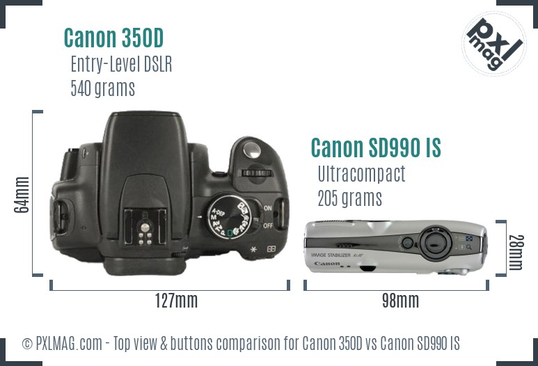 Canon 350D vs Canon SD990 IS top view buttons comparison