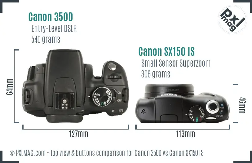 Canon 350D vs Canon SX150 IS top view buttons comparison Canon 350D vs Canon SX150 IS top view buttons comparison