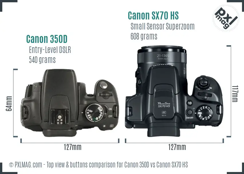 Canon 350D vs Canon SX70 HS top view buttons comparison