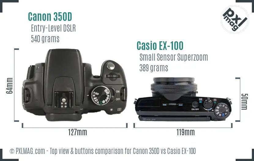 Canon 350D vs Casio EX-100 top view buttons comparison