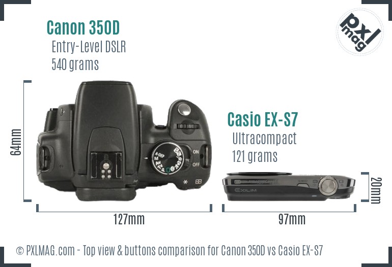 Canon 350D vs Casio EX-S7 top view buttons comparison