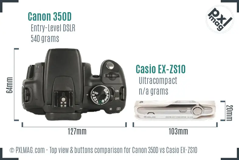 Canon 350D vs Casio EX-ZS10 top view buttons comparison