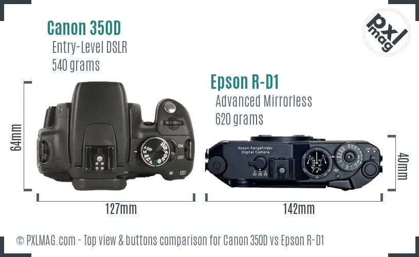 Canon 350D vs Epson R-D1 top view buttons comparison Canon 350D vs Epson R-D1 top view buttons comparison