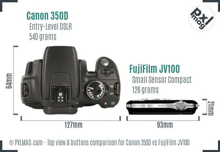 Canon 350D vs FujiFilm JV100 top view buttons comparison Canon 350D vs FujiFilm JV100 top view buttons comparison