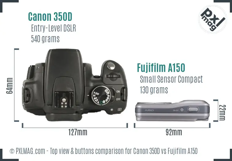 Canon 350D vs Fujifilm A150 top view buttons comparison