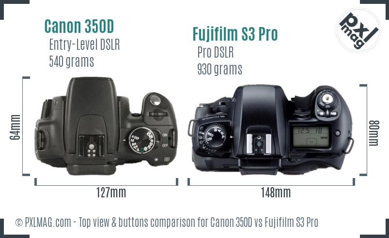 Canon 350D vs Fujifilm S3 Pro top view buttons comparison