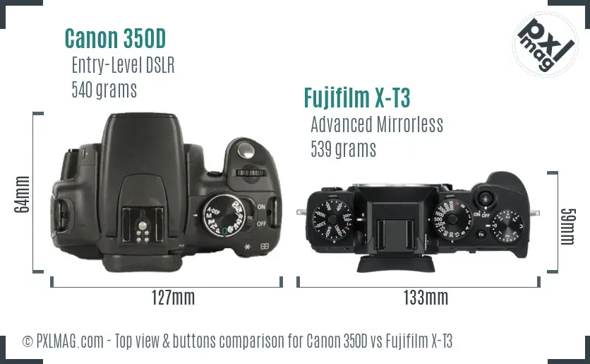 Canon 350D vs Fujifilm X-T3 top view buttons comparison Canon 350D vs Fujifilm X-T3 top view buttons comparison