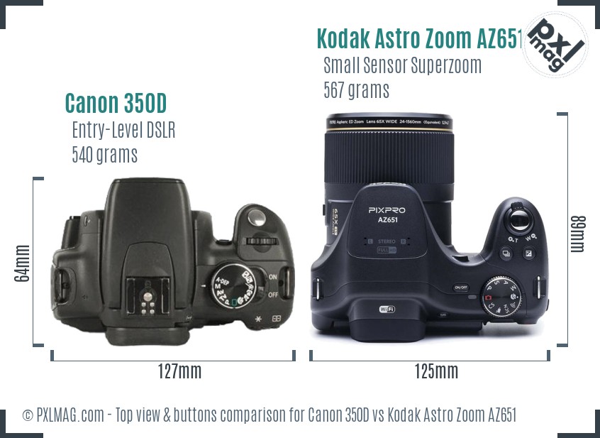 Canon 350D vs Kodak Astro Zoom AZ651 top view buttons comparison