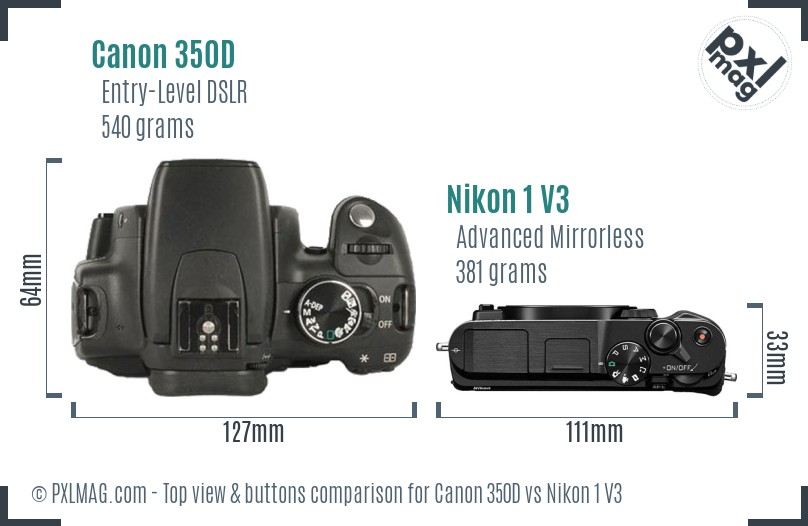 Canon 350D vs Nikon 1 V3 top view buttons comparison