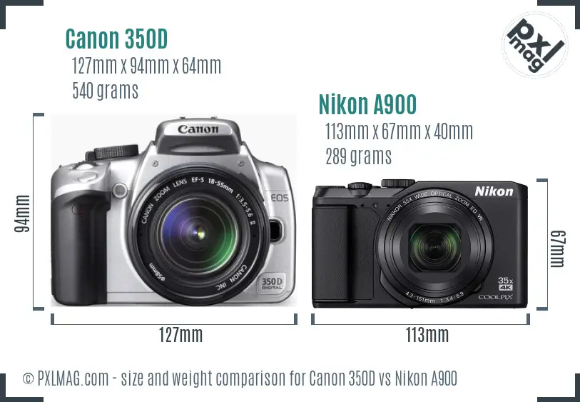 Canon 350D vs Nikon A900 size comparison