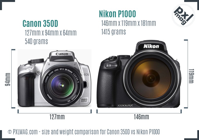 Canon 350D vs Nikon P1000 size comparison