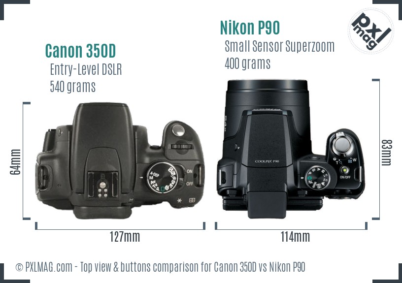 Canon 350D vs Nikon P90 top view buttons comparison