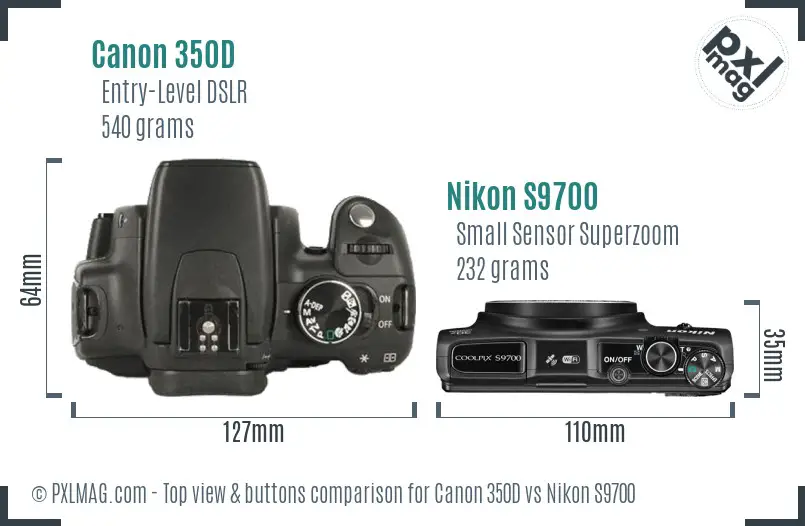 Canon 350D vs Nikon S9700 top view buttons comparison