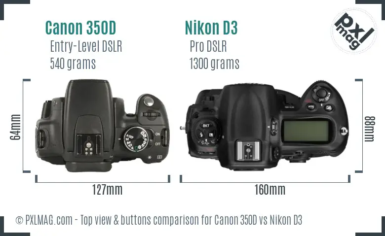 Canon 350D vs Nikon D3 top view buttons comparison
