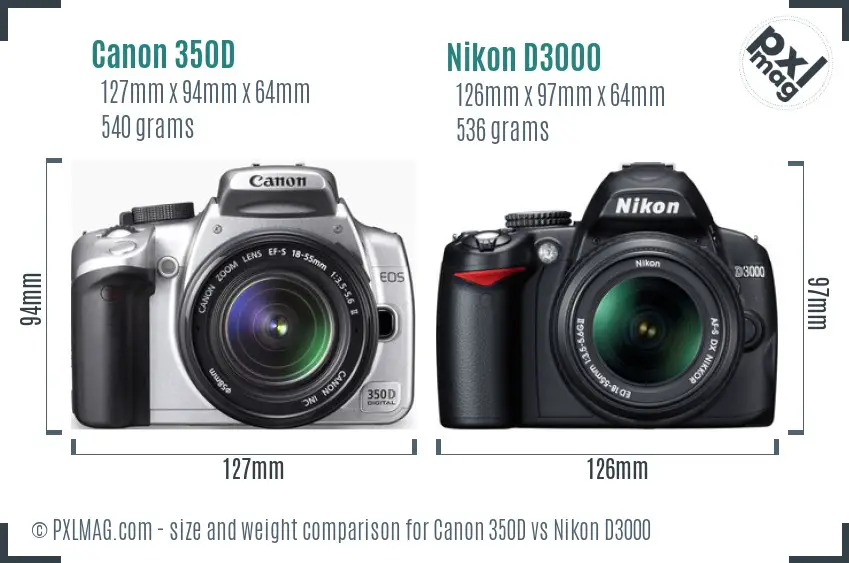 Canon 350D vs Nikon D3000 size comparison