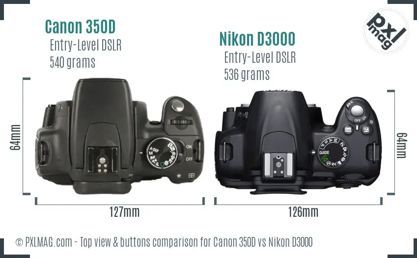 Canon 350D vs Nikon D3000 top view buttons comparison