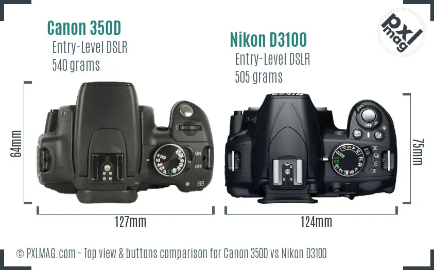 Canon 350D vs Nikon D3100 top view buttons comparison