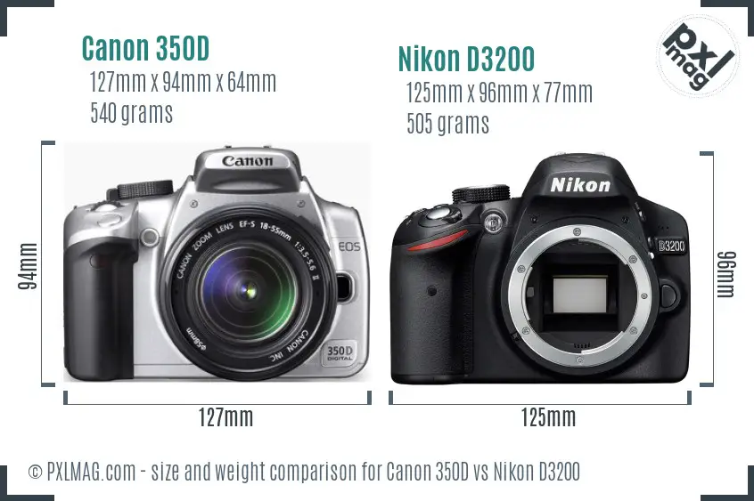 Canon 350D vs Nikon D3200 size comparison