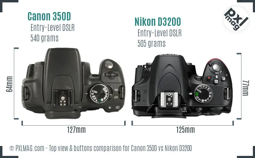 Canon 350D vs Nikon D3200 top view buttons comparison