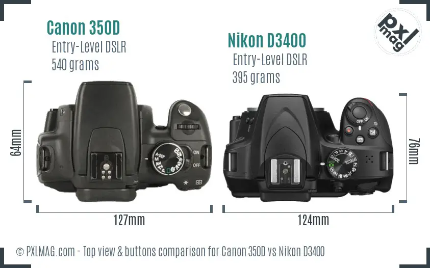 Canon 350D vs Nikon D3400 top view buttons comparison