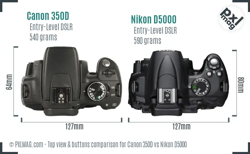 Canon 350D vs Nikon D5000 top view buttons comparison