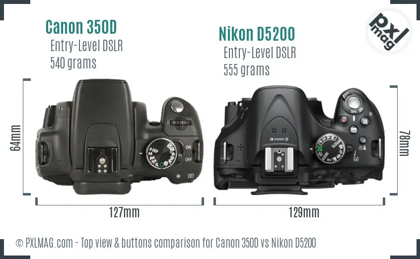 Canon 350D vs Nikon D5200 top view buttons comparison Canon 350D vs Nikon D5200 top view buttons comparison