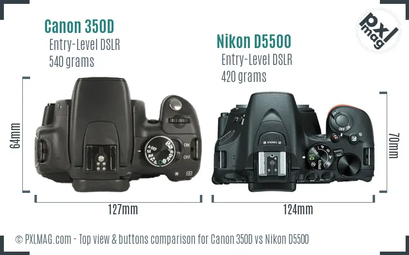 Canon 350D vs Nikon D5500 top view buttons comparison