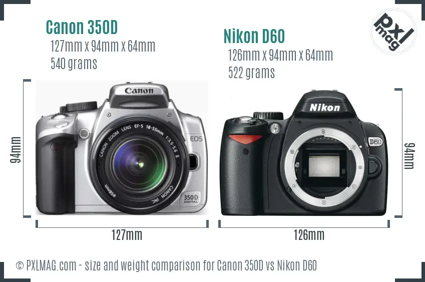 Canon 350D vs Nikon D60 size comparison