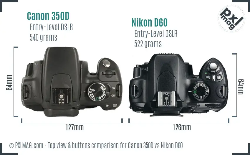 Canon 350D vs Nikon D60 top view buttons comparison