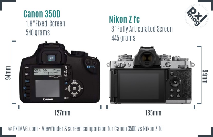 Canon 350D vs Nikon Z fc Screen and Viewfinder comparison
