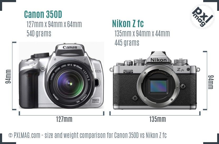 Canon 350D vs Nikon Z fc size comparison