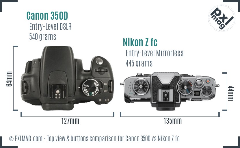 Canon 350D vs Nikon Z fc top view buttons comparison