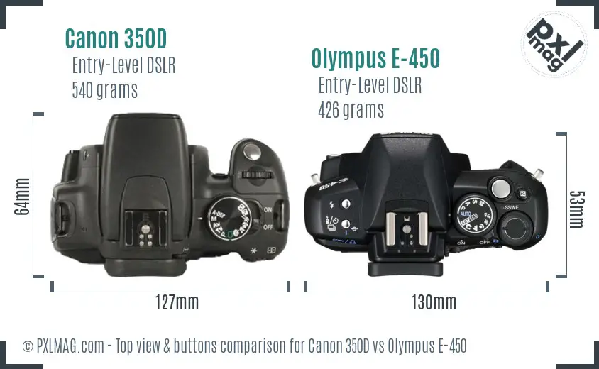 Canon 350D vs Olympus E-450 top view buttons comparison