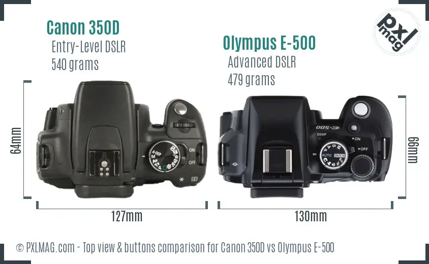 Canon 350D vs Olympus E-500 top view buttons comparison Canon 350D vs Olympus E-500 top view buttons comparison