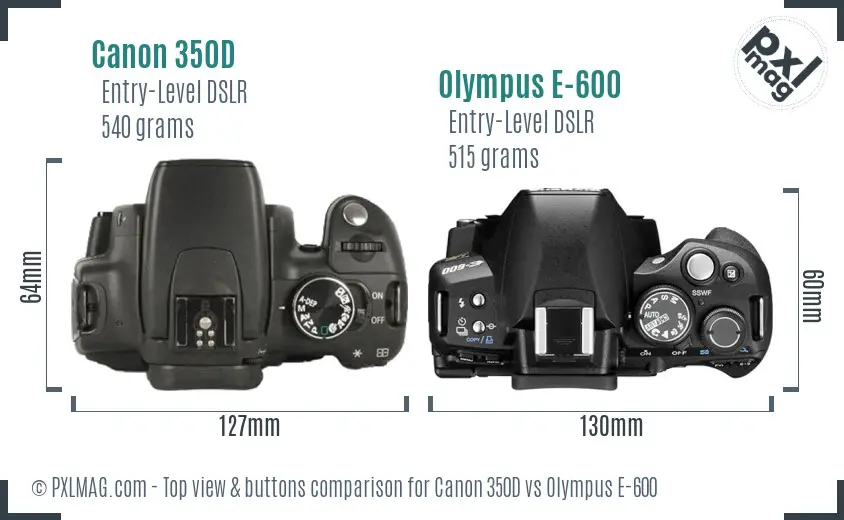 Canon 350D vs Olympus E-600 top view buttons comparison