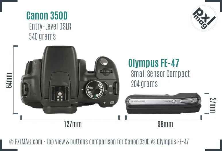 Canon 350D vs Olympus FE-47 top view buttons comparison
