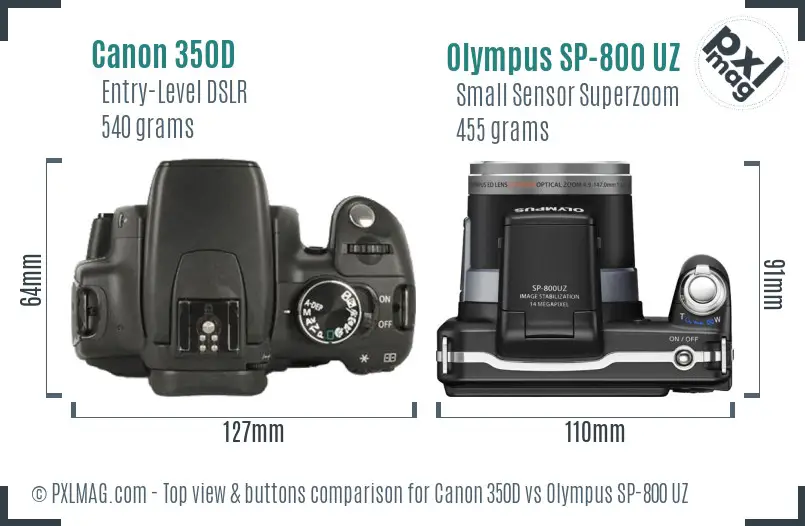 Canon 350D vs Olympus SP-800 UZ top view buttons comparison Canon 350D vs Olympus SP-800 UZ top view buttons comparison