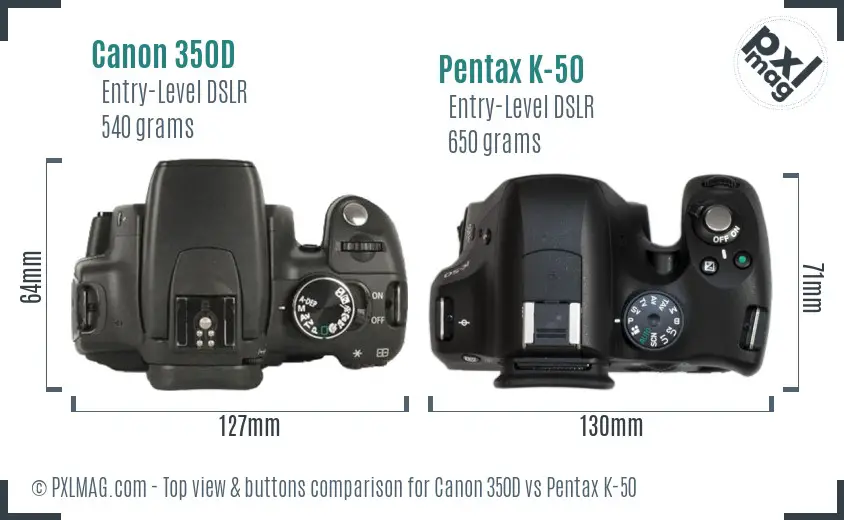 Canon 350D vs Pentax K-50 top view buttons comparison