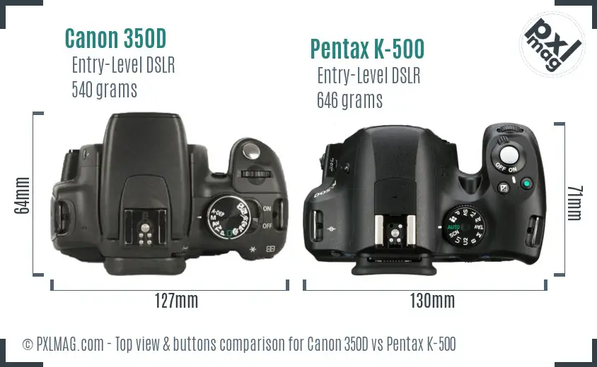 Canon 350D vs Pentax K-500 top view buttons comparison