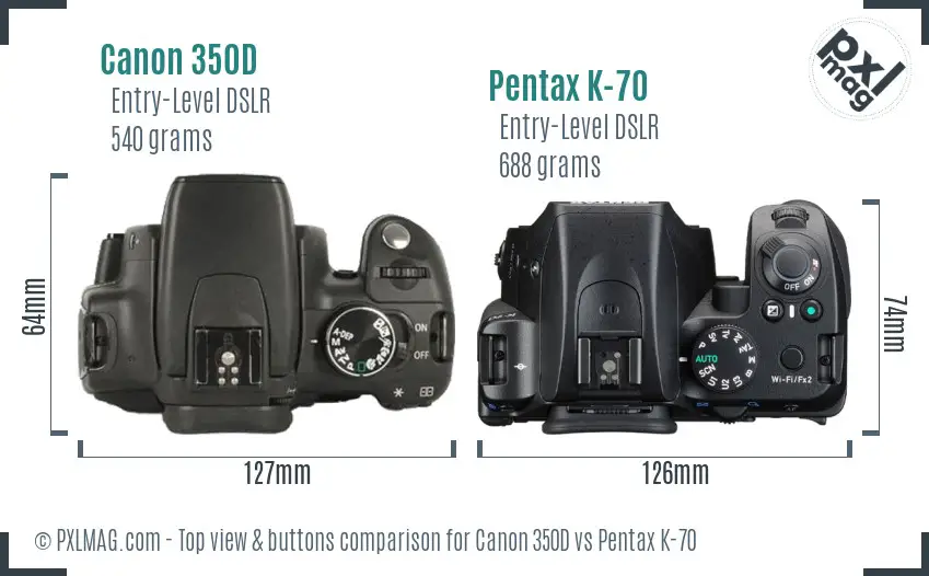 Canon 350D vs Pentax K-70 top view buttons comparison