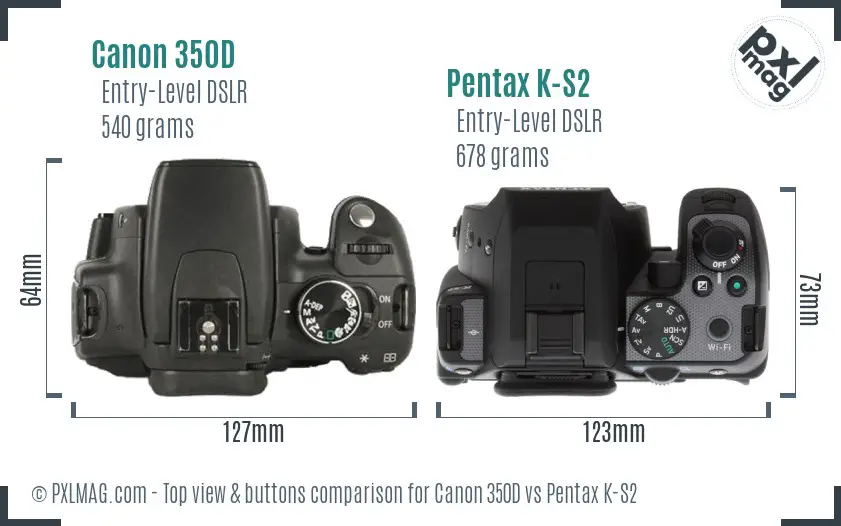 Canon 350D vs Pentax K-S2 top view buttons comparison