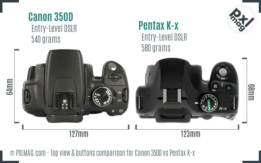 Canon 350D vs Pentax K-x top view buttons comparison
