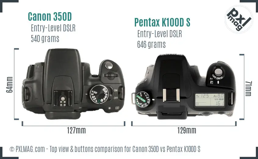 Canon 350D vs Pentax K100D S top view buttons comparison