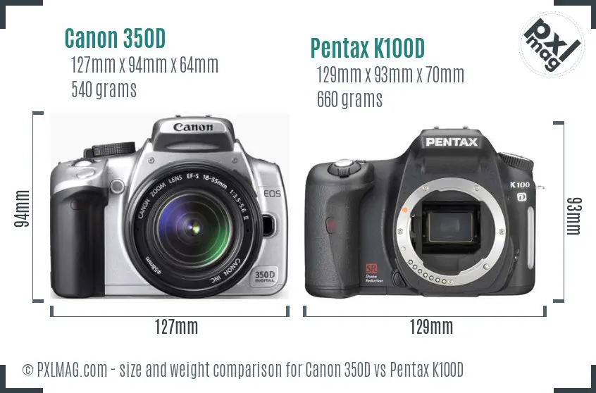 Canon 350D vs Pentax K100D size comparison