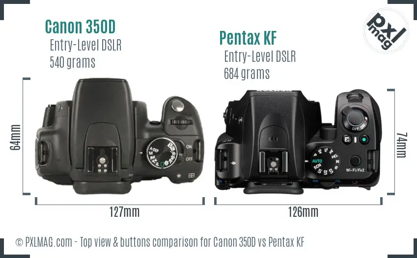 Canon 350D vs Pentax KF top view buttons comparison