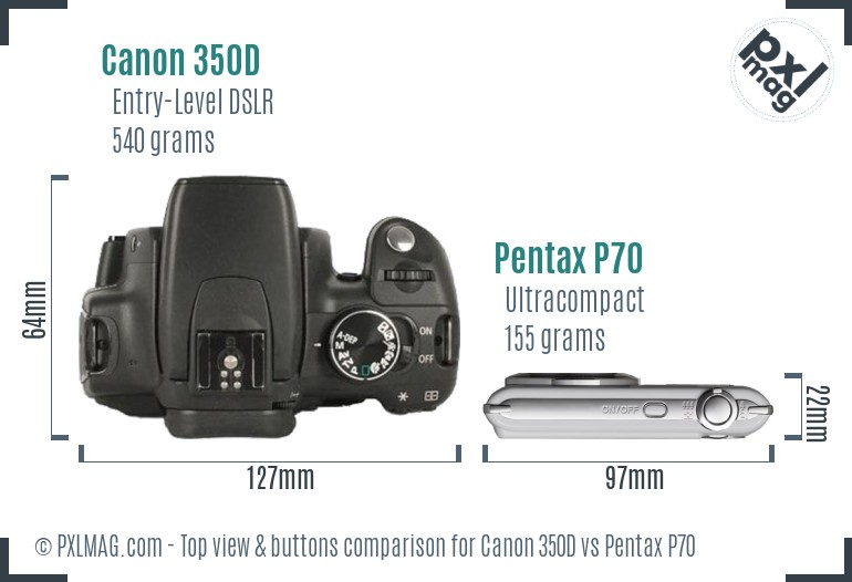 Canon 350D vs Pentax P70 top view buttons comparison