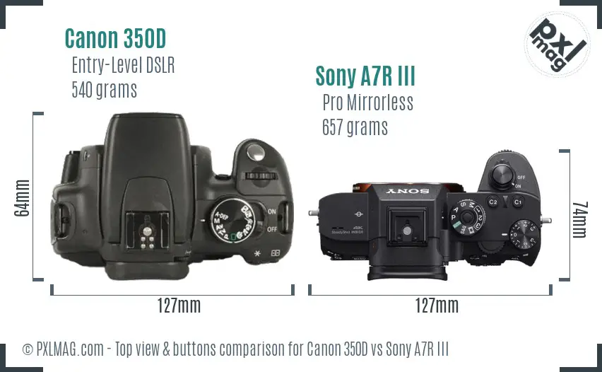 Canon 350D vs Sony A7R III top view buttons comparison