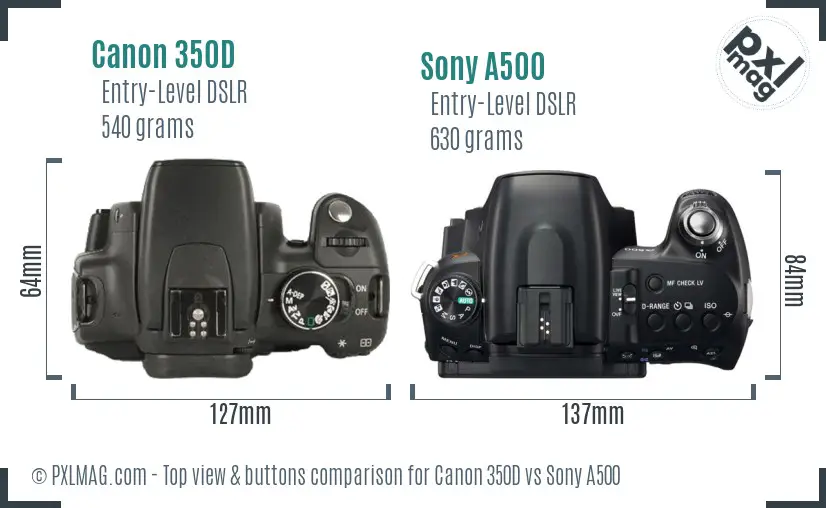 Canon 350D vs Sony A500 top view buttons comparison