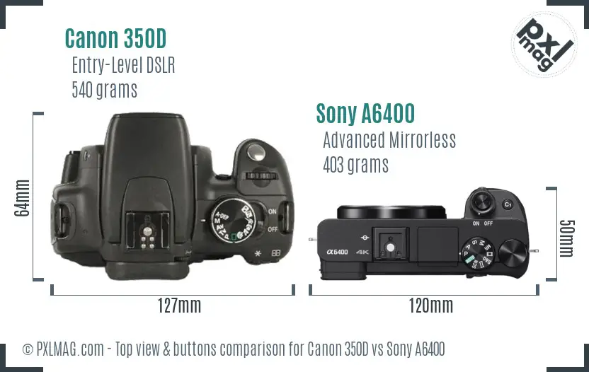 Canon 350D vs Sony A6400 top view buttons comparison Canon 350D vs Sony A6400 top view buttons comparison